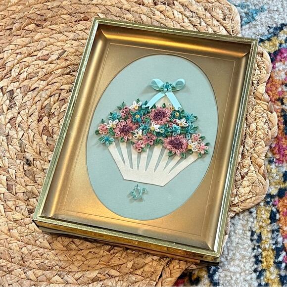 Vintage Quill Art Quilling Paper Swirl Basket of Flowers Gold Framed Handmade - Picture 1 of 16